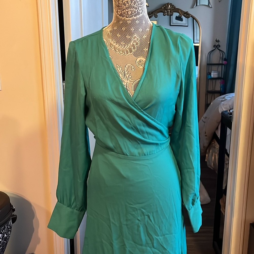 ASOS Green Wrap Tie Front Gown with Bishop Sleeves - Picture 2 of 9